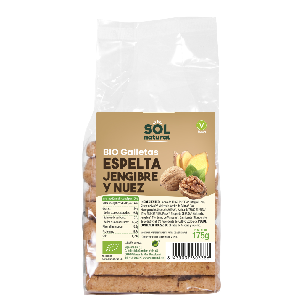 GALLETAS DE ESPELTA JENGIBRE Y NUECES, 175 G, SOL